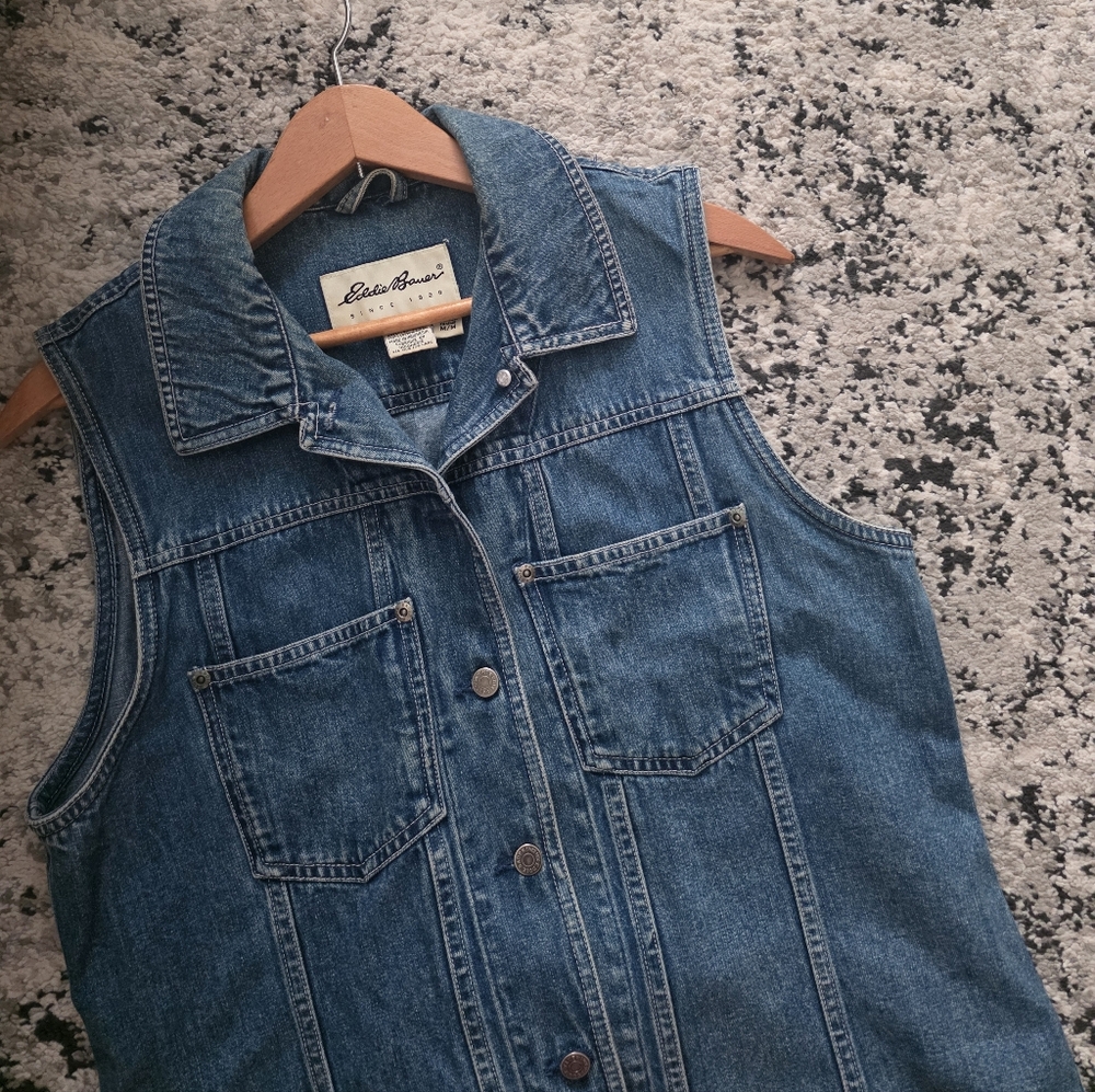 Vintage Eddie Bauer Denim Vest Womens M Blue Cinching Back Waist Western